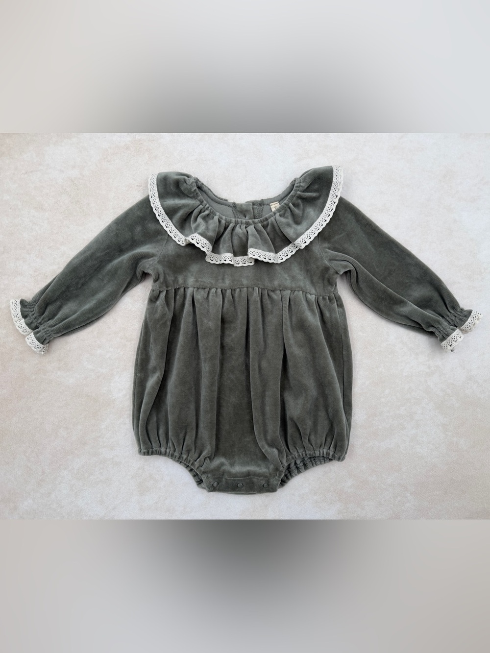 🆕 Quincy Mae Sage Green Velvet Ruffle Collar Romper